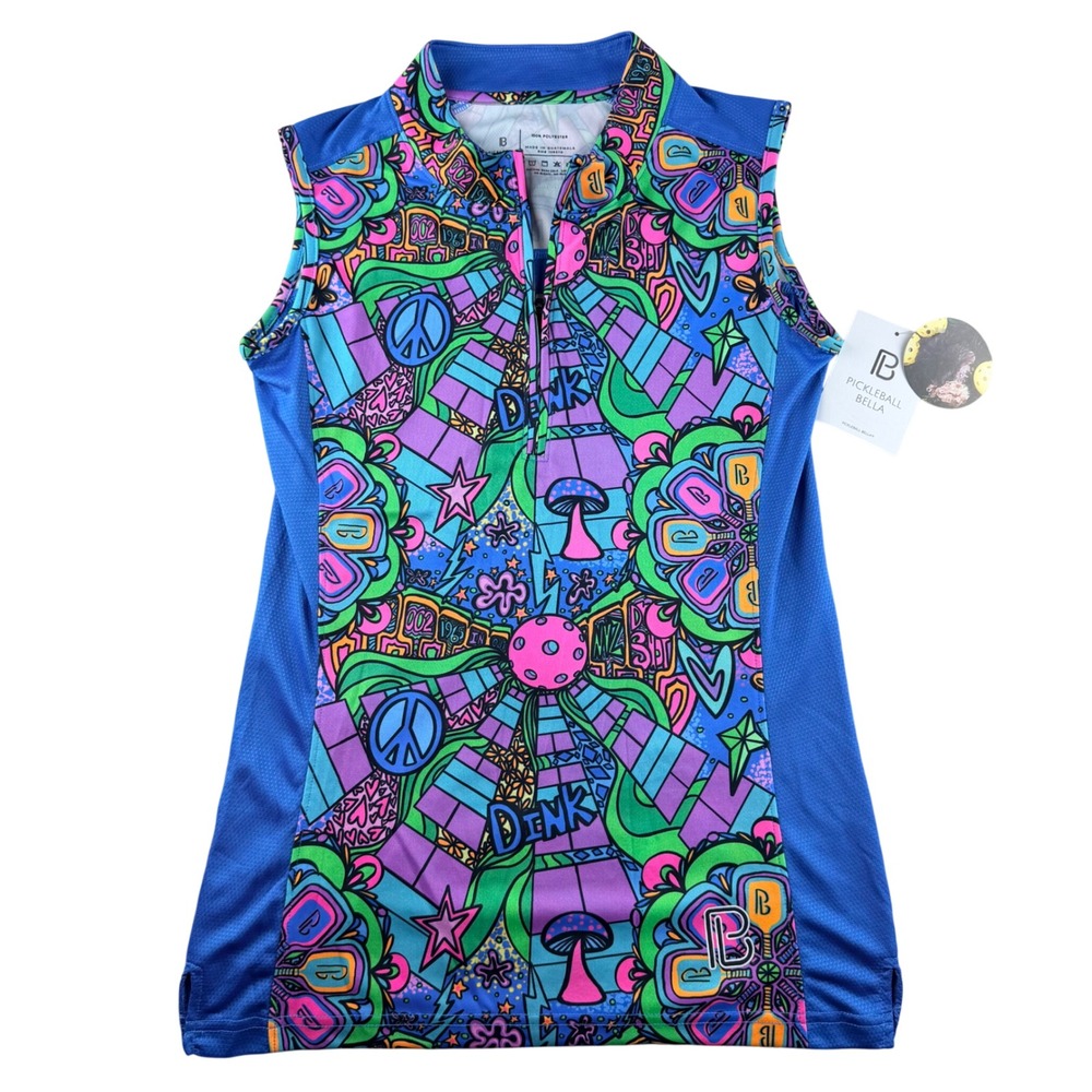 Pickleball Bella Womens Groovy Sleeveless 1/4‎ Zip Athletic Top Blue Multi Small